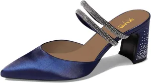 XYD Women Two Crystal Straps Pointed Toe Satin Mules Block Low Heel Slip-ons Sparkling Studs Dress Shoes