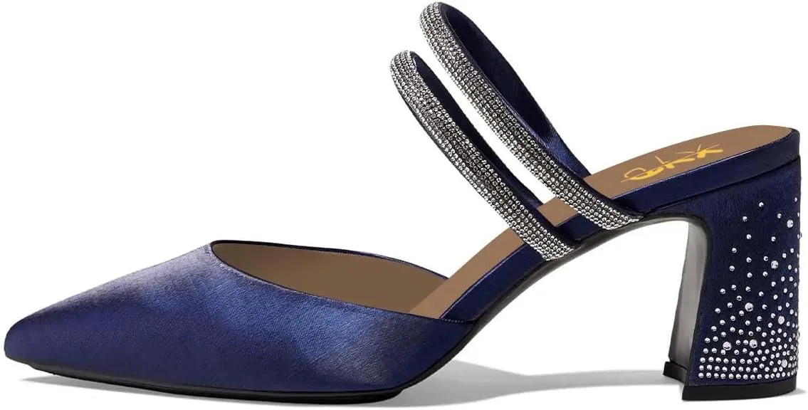 XYD Women Two Crystal Straps Pointed Toe Satin Mules Block Low Heel Slip-ons Sparkling Studs Dress Shoes