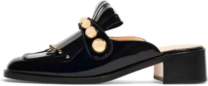 XYD Women's Chic Studs Short Low Chunky Heel Mules Tassels Square Toe Backless Casual Dress Sandals Shoes
