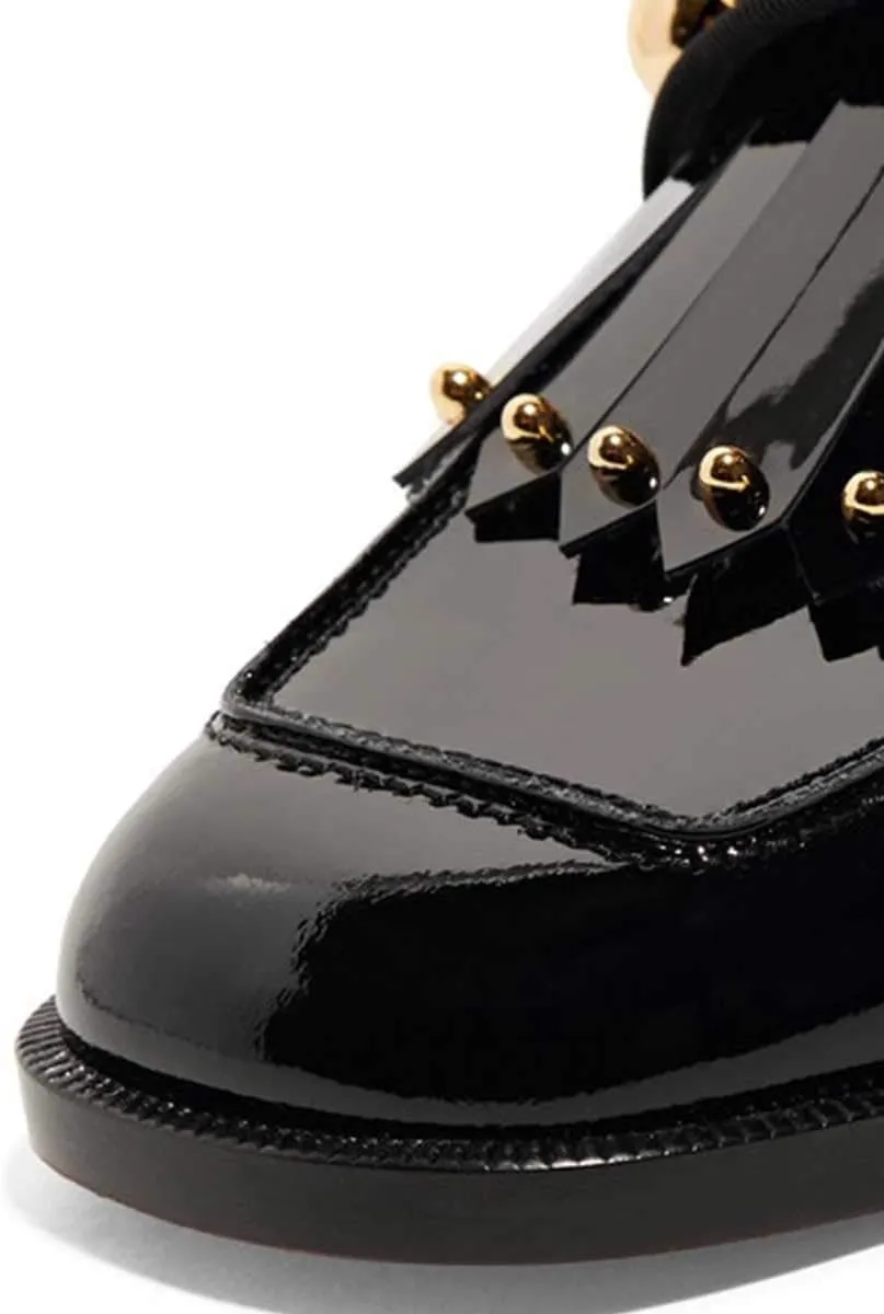 XYD Women's Chic Studs Short Low Chunky Heel Mules Tassels Square Toe Backless Casual Dress Sandals Shoes
