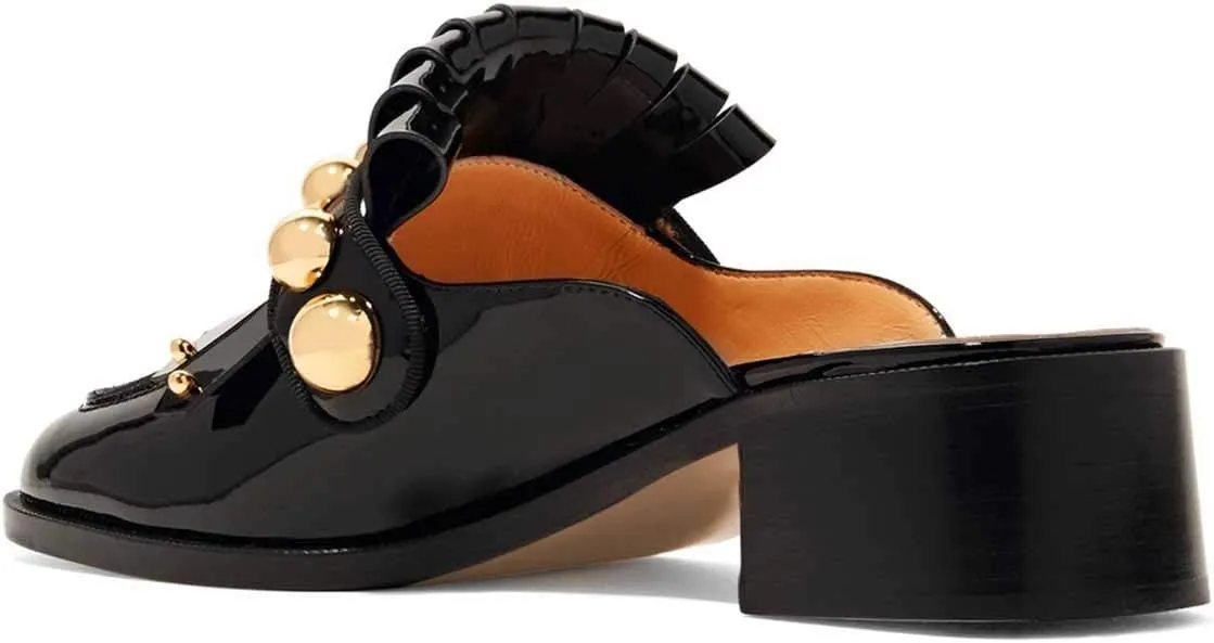 XYD Women's Chic Studs Short Low Chunky Heel Mules Tassels Square Toe Backless Casual Dress Sandals Shoes
