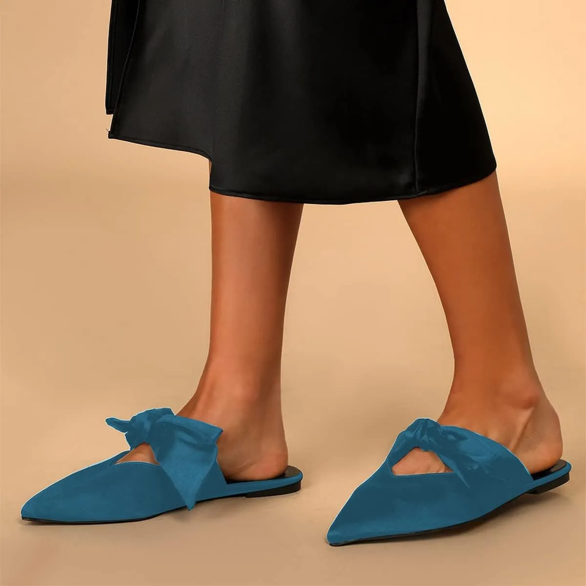 XYD Women's Flats Mules Pointy Toe Dressy Satin Bows Slip On Single Strap Wedding Party Holidays Sandal Shoes