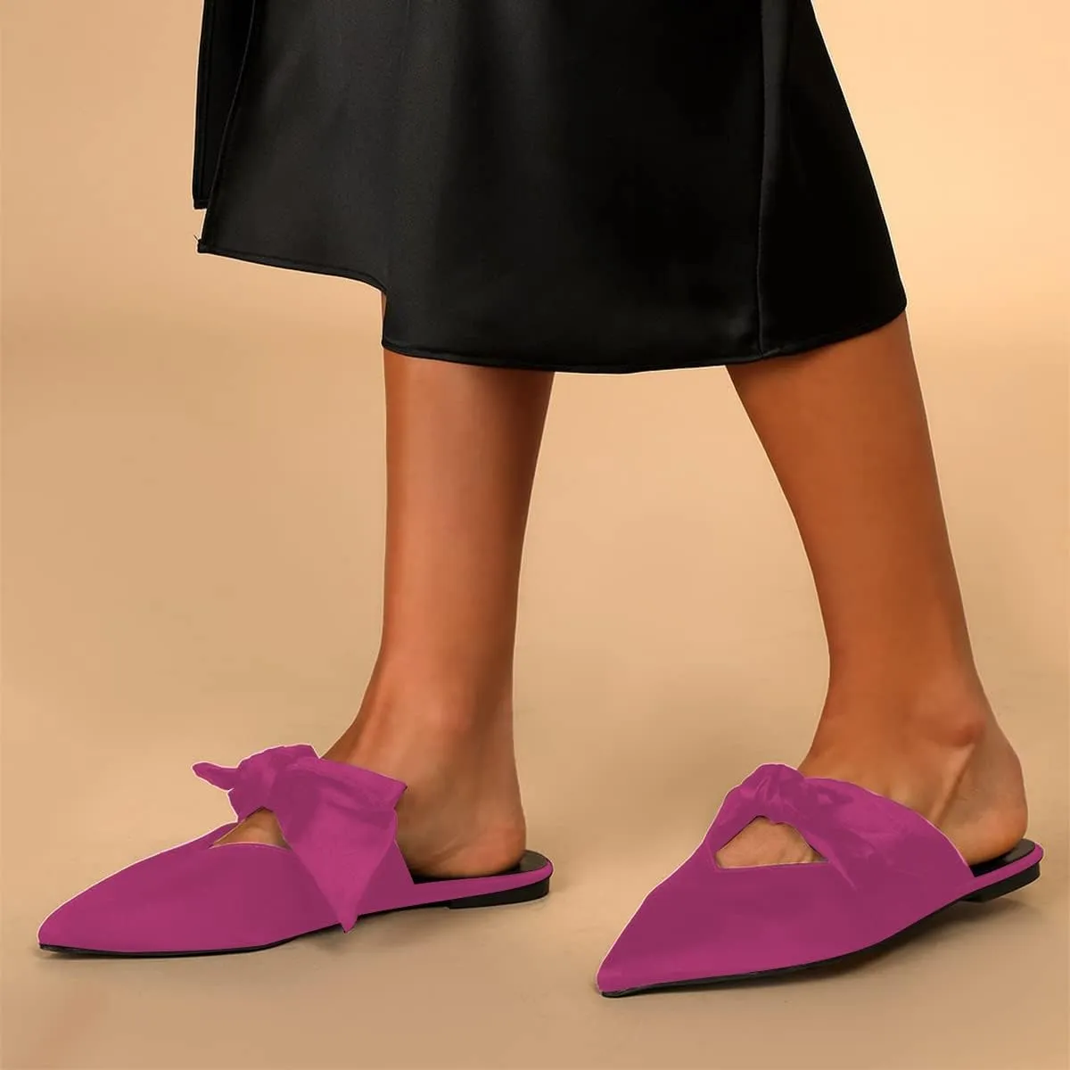 XYD Women's Flats Mules Pointy Toe Dressy Satin Bows Slip On Single Strap Wedding Party Holidays Sandal Shoes