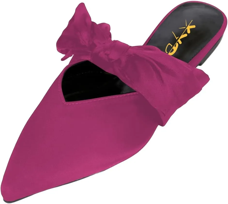 XYD Women's Flats Mules Pointy Toe Dressy Satin Bows Slip On Single Strap Wedding Party Holidays Sandal Shoes