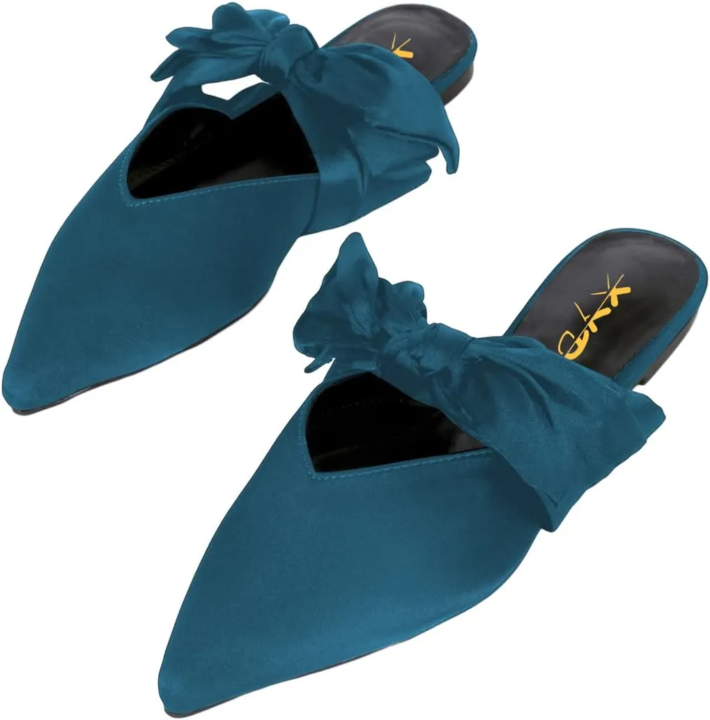 XYD Women's Flats Mules Pointy Toe Dressy Satin Bows Slip On Single Strap Wedding Party Holidays Sandal Shoes