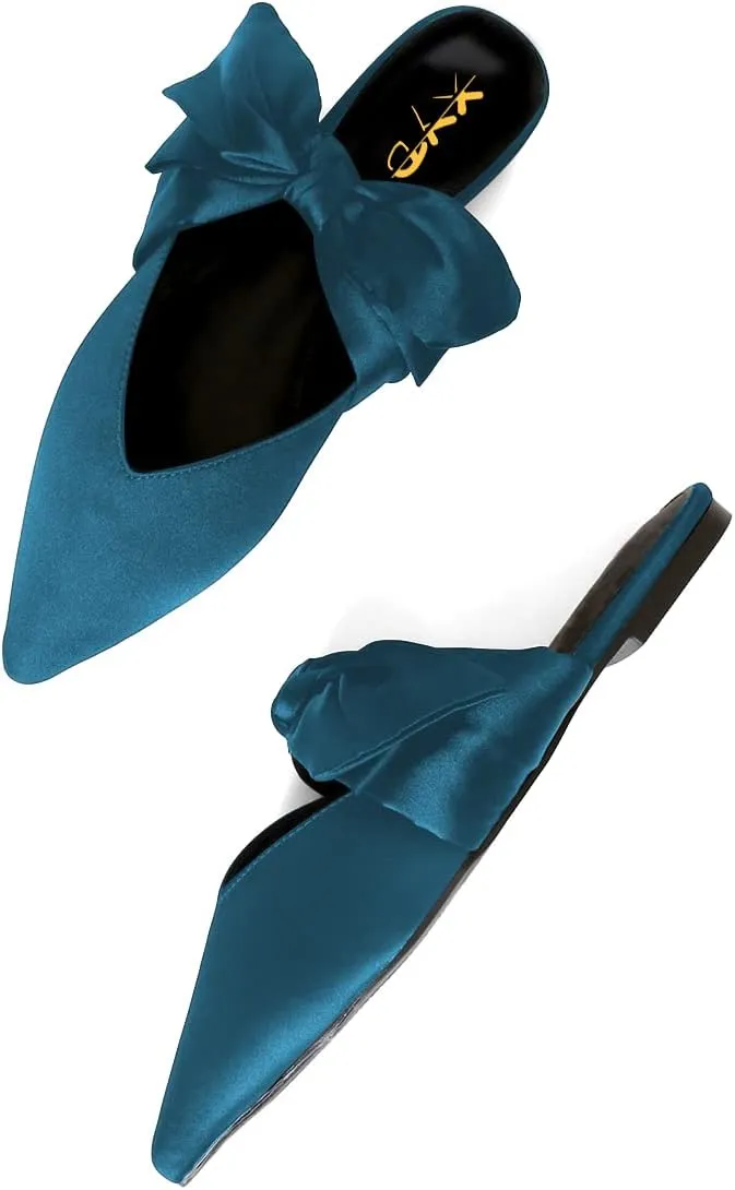 XYD Women's Flats Mules Pointy Toe Dressy Satin Bows Slip On Single Strap Wedding Party Holidays Sandal Shoes