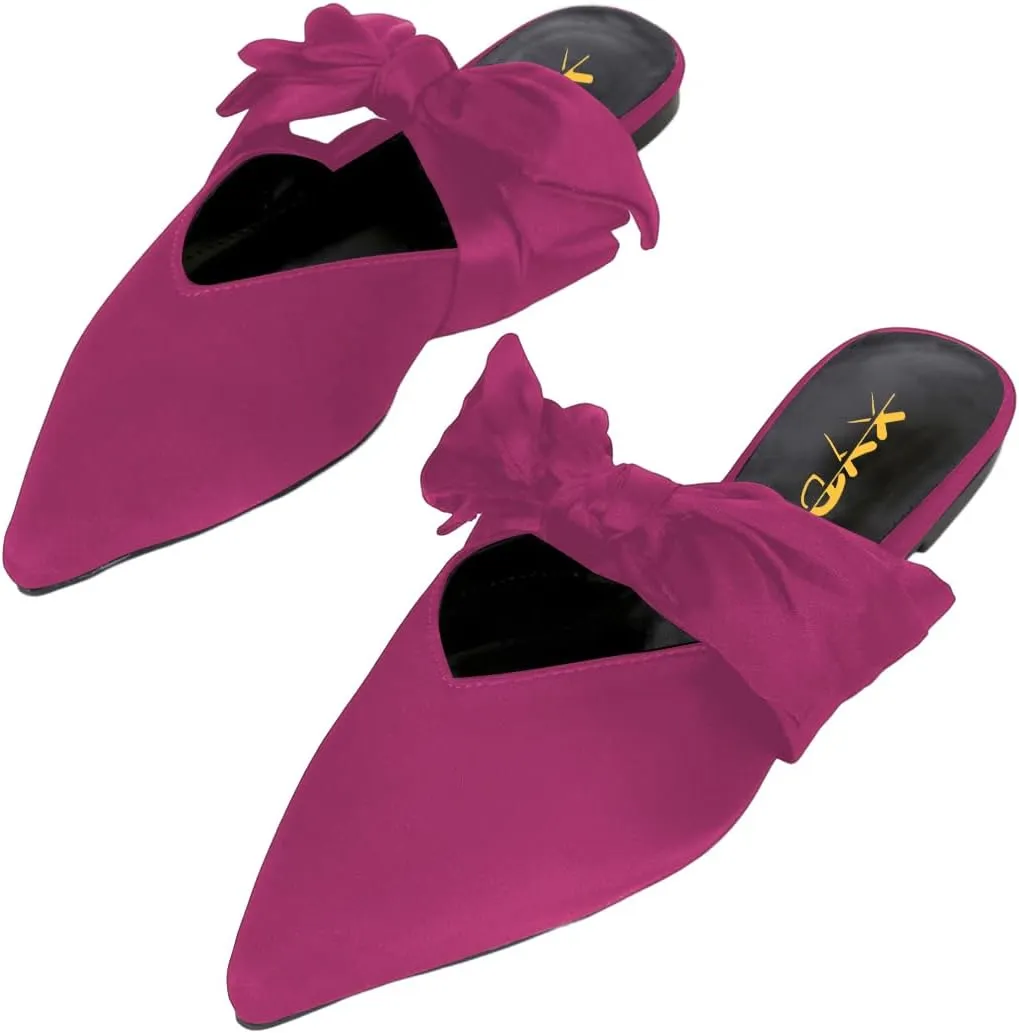 XYD Women's Flats Mules Pointy Toe Dressy Satin Bows Slip On Single Strap Wedding Party Holidays Sandal Shoes