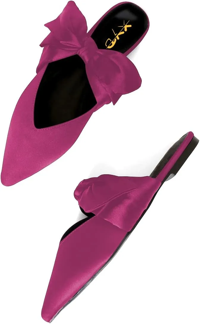 XYD Women's Flats Mules Pointy Toe Dressy Satin Bows Slip On Single Strap Wedding Party Holidays Sandal Shoes