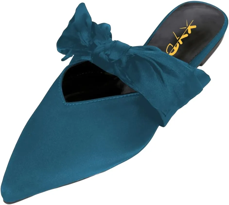 XYD Women's Flats Mules Pointy Toe Dressy Satin Bows Slip On Single Strap Wedding Party Holidays Sandal Shoes