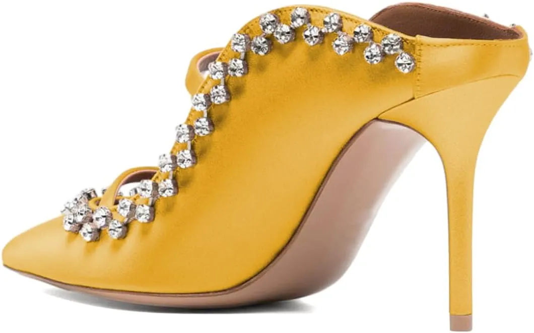 XYD Women's Satin Heeled Mules Stylish Pointed Toe Dual Straps Crystal Rhinestones Slip On Bridal Party Evening Sandals Shoes