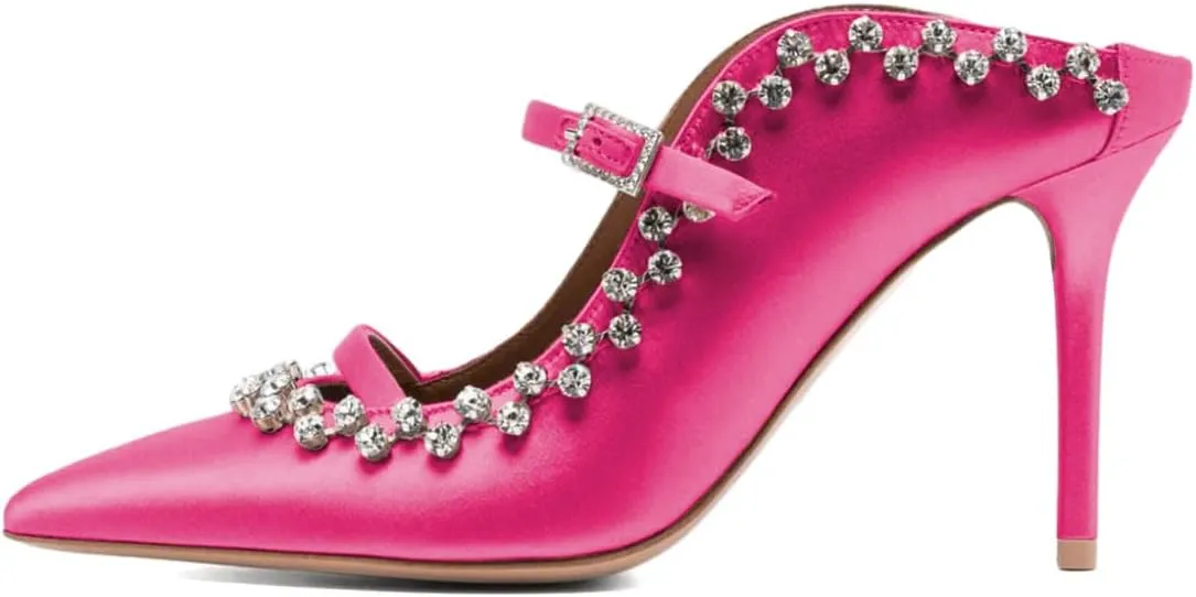 XYD Women's Satin Heeled Mules Stylish Pointed Toe Dual Straps Crystal Rhinestones Slip On Bridal Party Evening Sandals Shoes