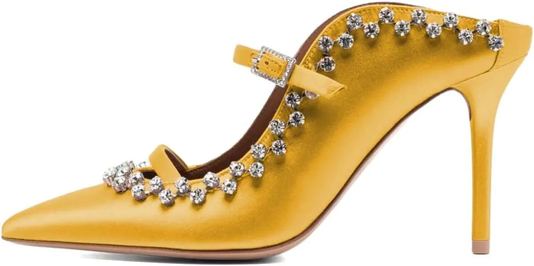 XYD Women's Satin Heeled Mules Stylish Pointed Toe Dual Straps Crystal Rhinestones Slip On Bridal Party Evening Sandals Shoes