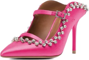 XYD Women's Satin Heeled Mules Stylish Pointed Toe Dual Straps Crystal Rhinestones Slip On Bridal Party Evening Sandals Shoes