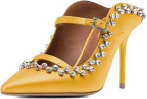 XYD Women's Satin Heeled Mules Stylish Pointed Toe Dual Straps Crystal Rhinestones Slip On Bridal Party Evening Sandals Shoes
