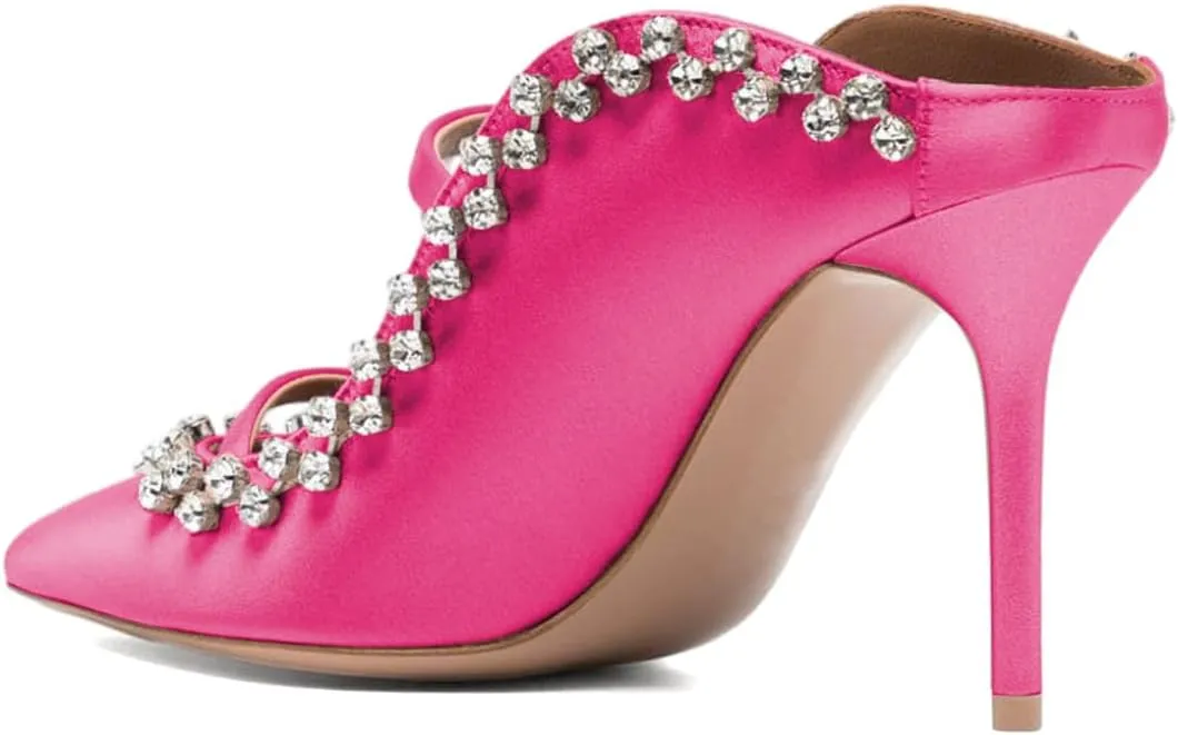 XYD Women's Satin Heeled Mules Stylish Pointed Toe Dual Straps Crystal Rhinestones Slip On Bridal Party Evening Sandals Shoes