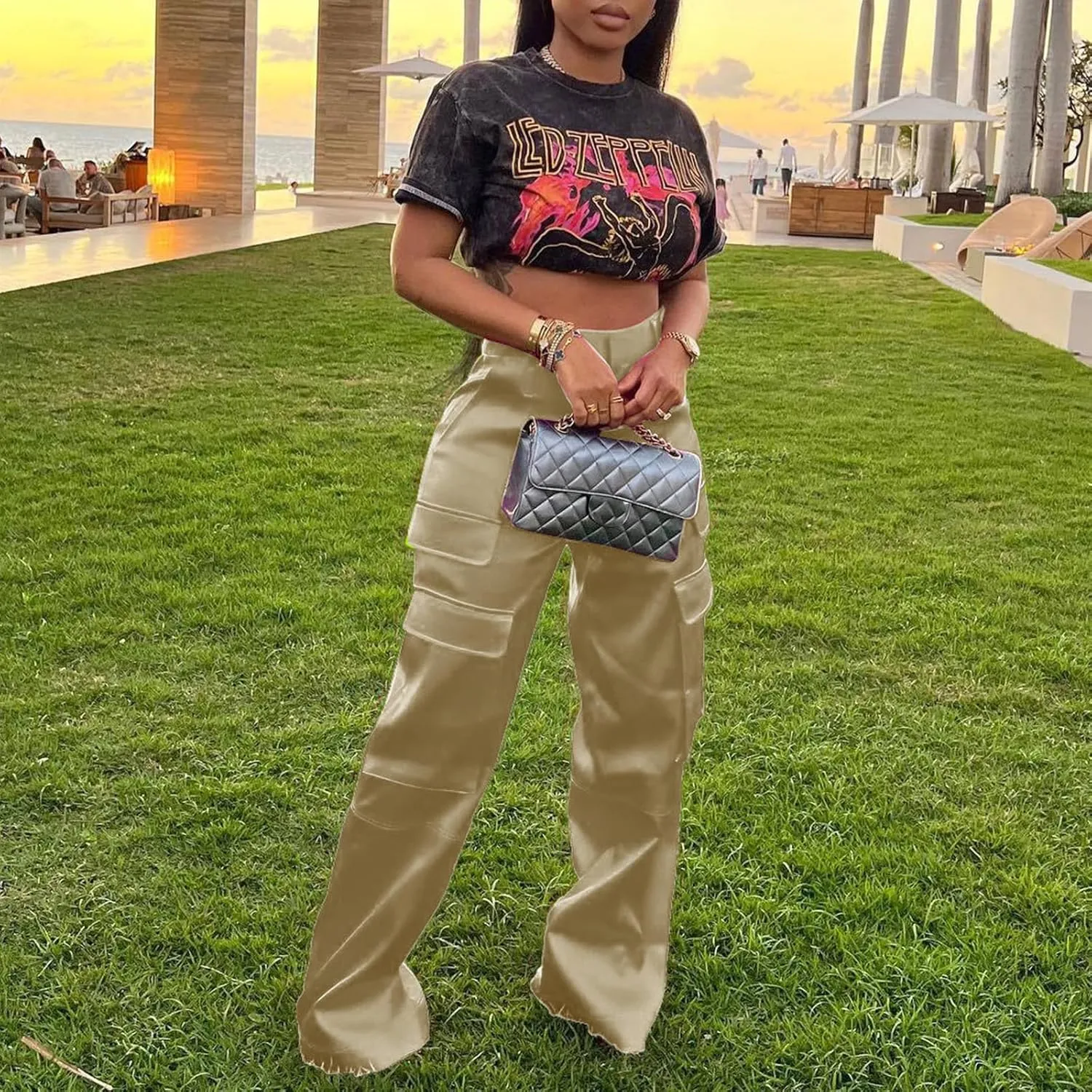 XZLUFNY Satin Cargo Pants for Women High Waist Multiple Pockets Wide Leg Trouser