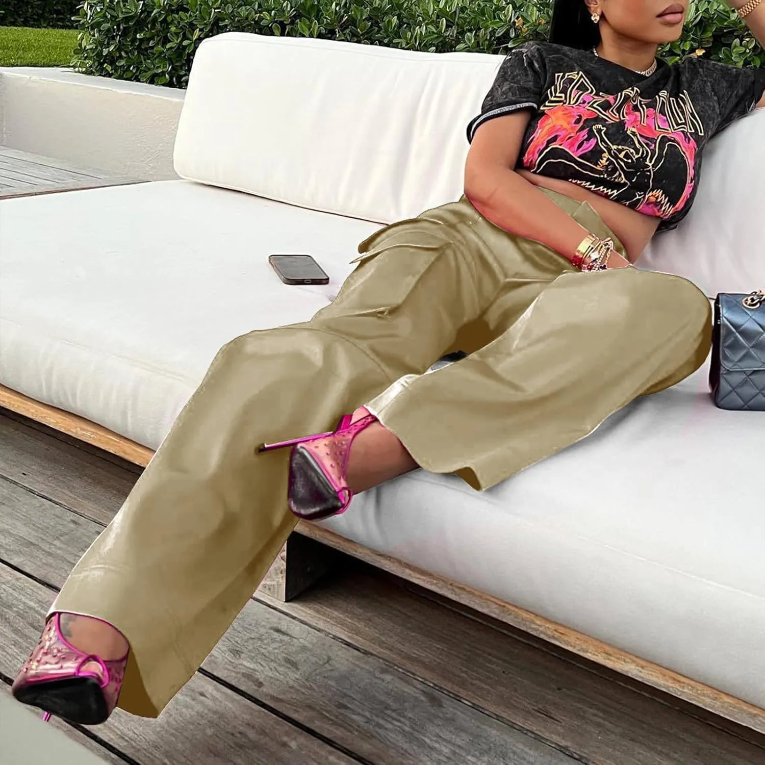 XZLUFNY Satin Cargo Pants for Women High Waist Multiple Pockets Wide Leg Trouser