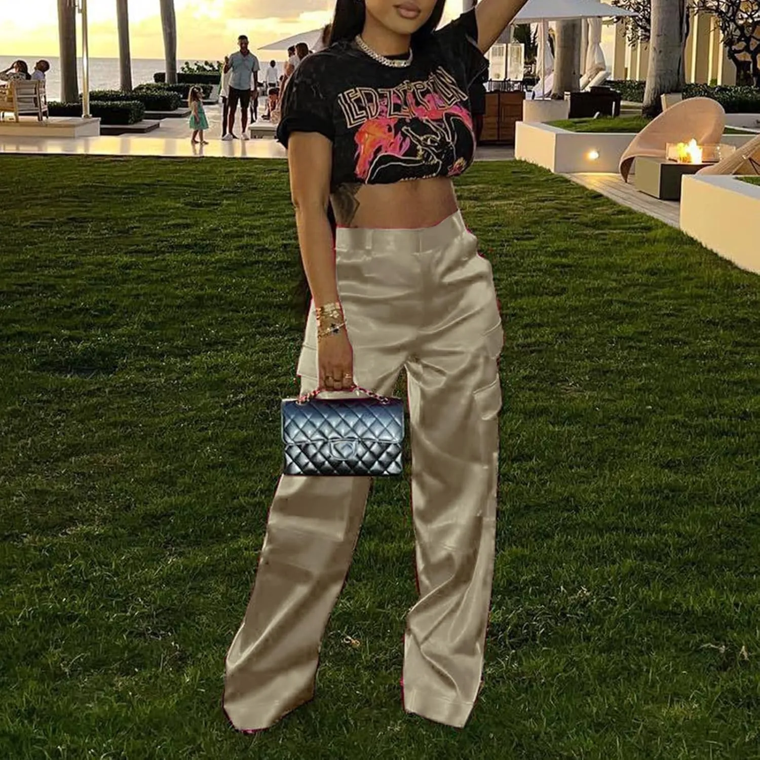 XZLUFNY Satin Cargo Pants for Women High Waist Multiple Pockets Wide Leg Trouser