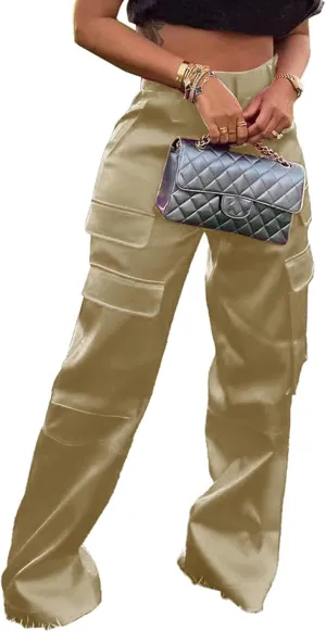 XZLUFNY Satin Cargo Pants for Women High Waist Multiple Pockets Wide Leg Trouser