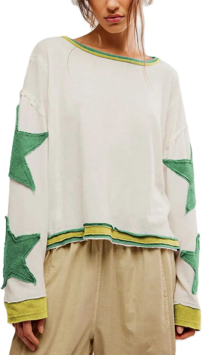 Y2k Oversized Sweatshirts Womens Long Sleeve Crewneck Cute Star Striped Graphic Hoodies Shirts Teens Girl Jacket