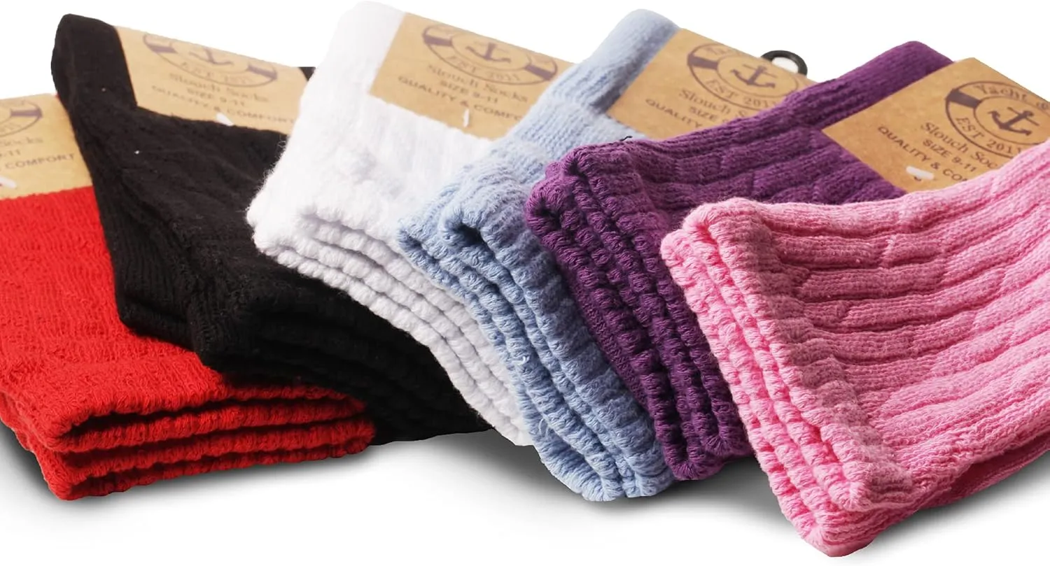 Yacht & Smith 6 Pairs Women's Scrunched Slouch Socks, Cotton Boot Socks Bulk Pack for Everyday Comfort & Style, Size 9-11