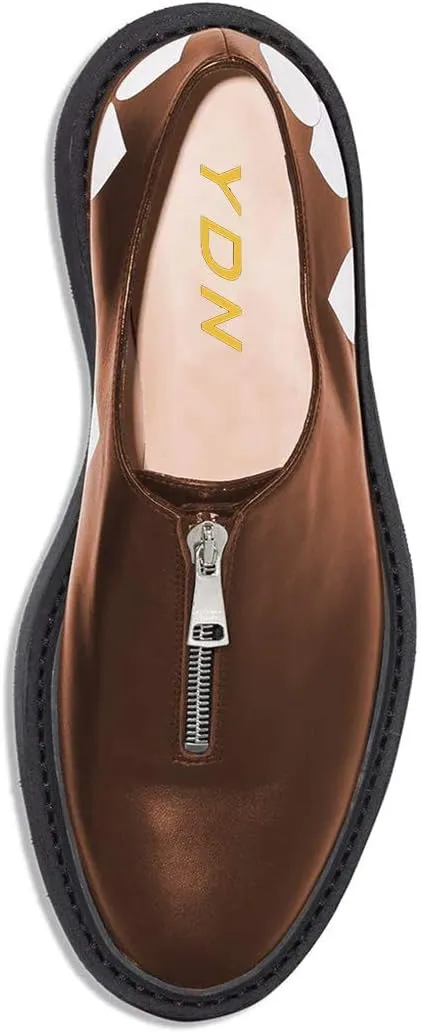 YDN Women Little Platform Loafers Cute Round Toe Leather Zip No Heel Slip-on Travel Campus Walking Shoes Size 4-15 US