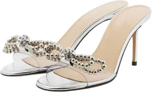 YIYA Women's Double Bowknots White Pearl Mules Stiletto Kitten High Heels Open Round Toe Satin Wedding Bridal Dress Sandals Slip On Shoes