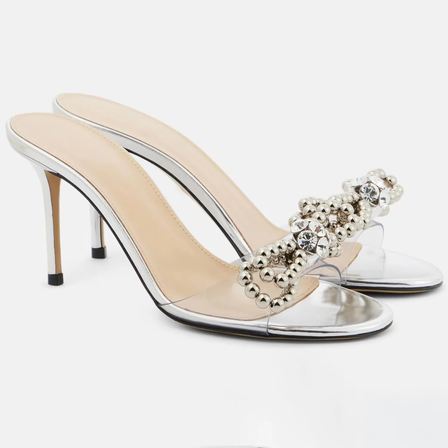 YIYA Women's Double Bowknots White Pearl Mules Stiletto Kitten High Heels Open Round Toe Satin Wedding Bridal Dress Sandals Slip On Shoes