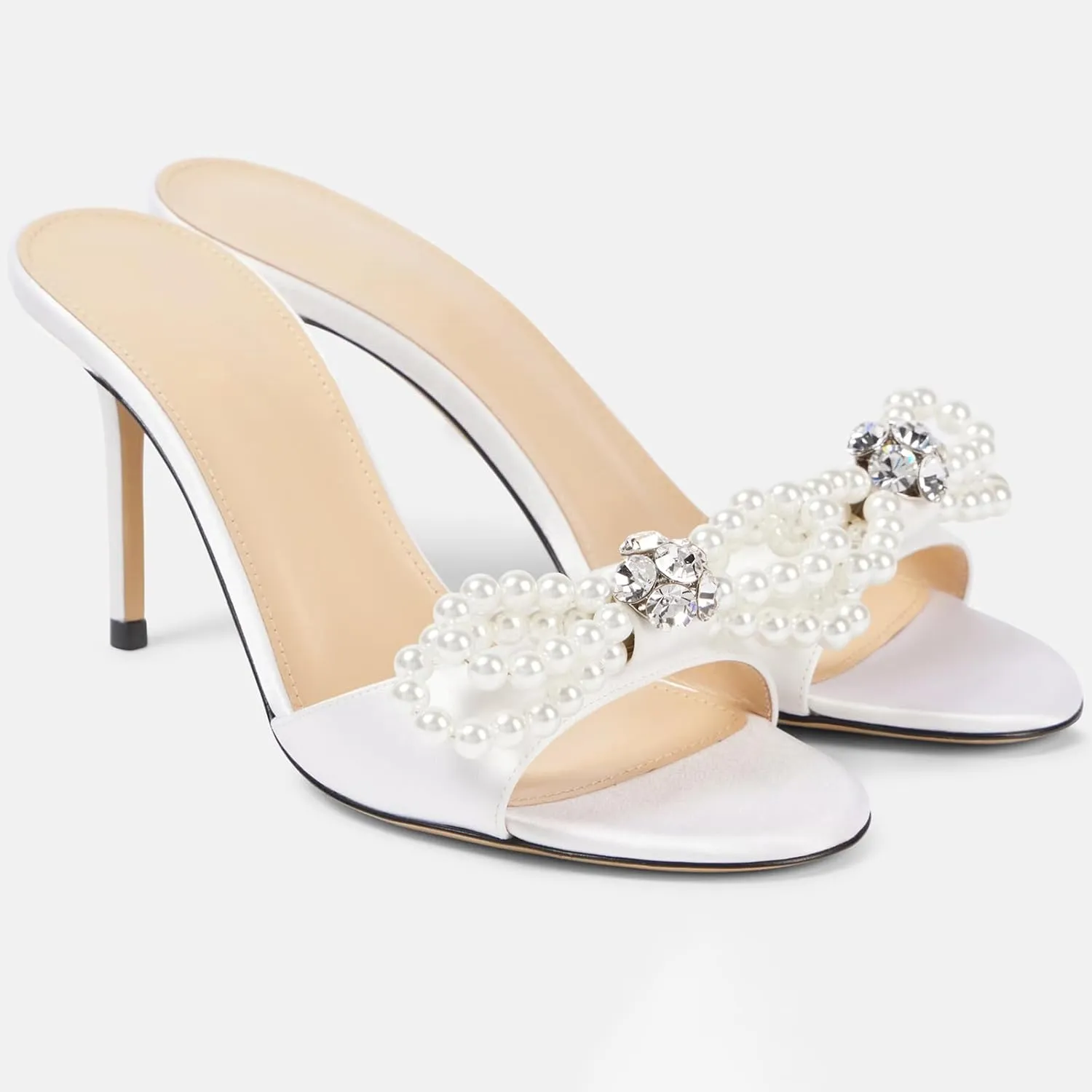 YIYA Women's Double Bowknots White Pearl Mules Stiletto Kitten High Heels Open Round Toe Satin Wedding Bridal Dress Sandals Slip On Shoes