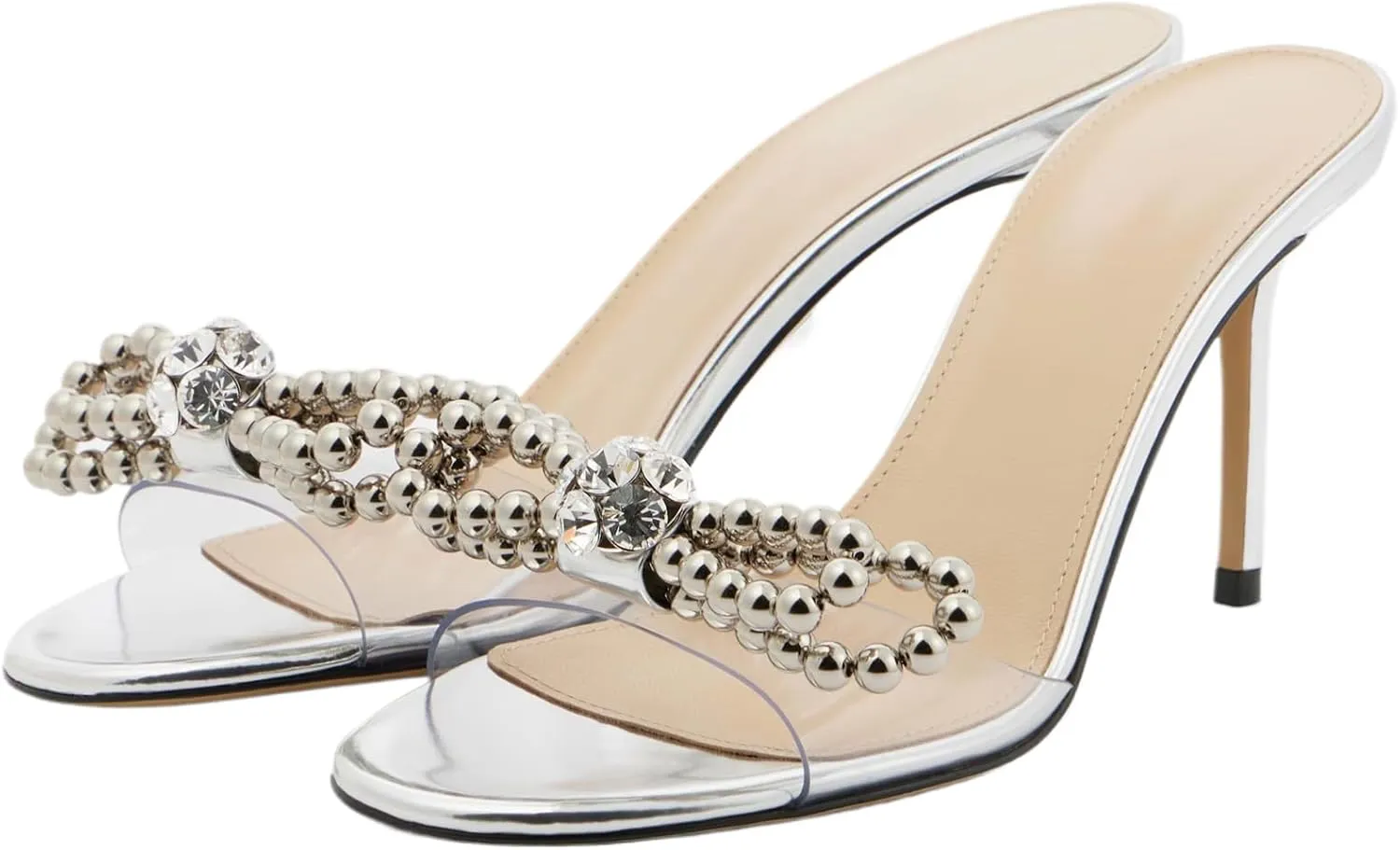 YIYA Women's Double Bowknots White Pearl Mules Stiletto Kitten High Heels Open Round Toe Satin Wedding Bridal Dress Sandals Slip On Shoes