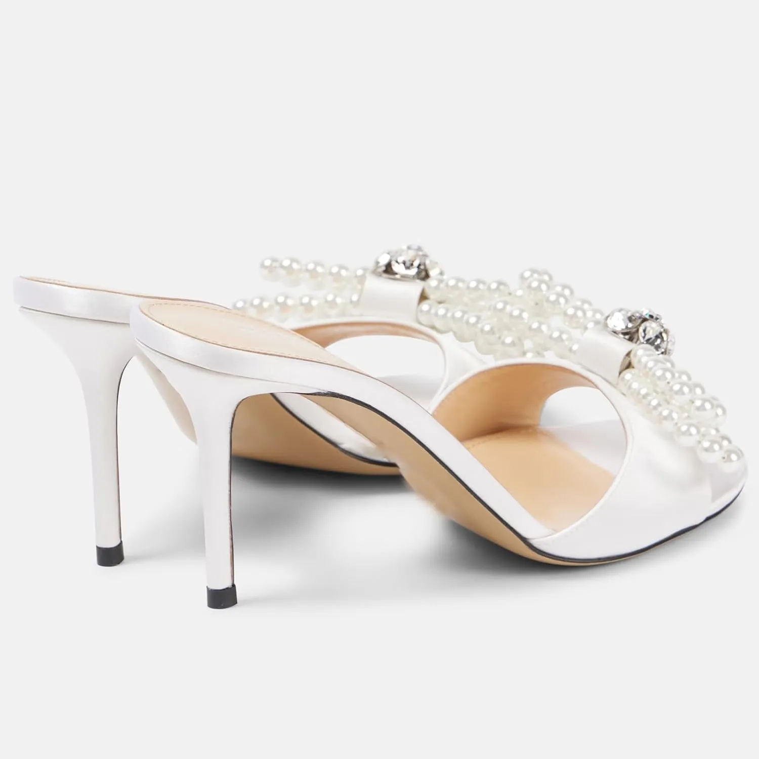 YIYA Women's Double Bowknots White Pearl Mules Stiletto Kitten High Heels Open Round Toe Satin Wedding Bridal Dress Sandals Slip On Shoes