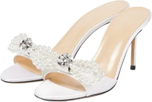 YIYA Women's Double Bowknots White Pearl Mules Stiletto Kitten High Heels Open Round Toe Satin Wedding Bridal Dress Sandals Slip On Shoes
