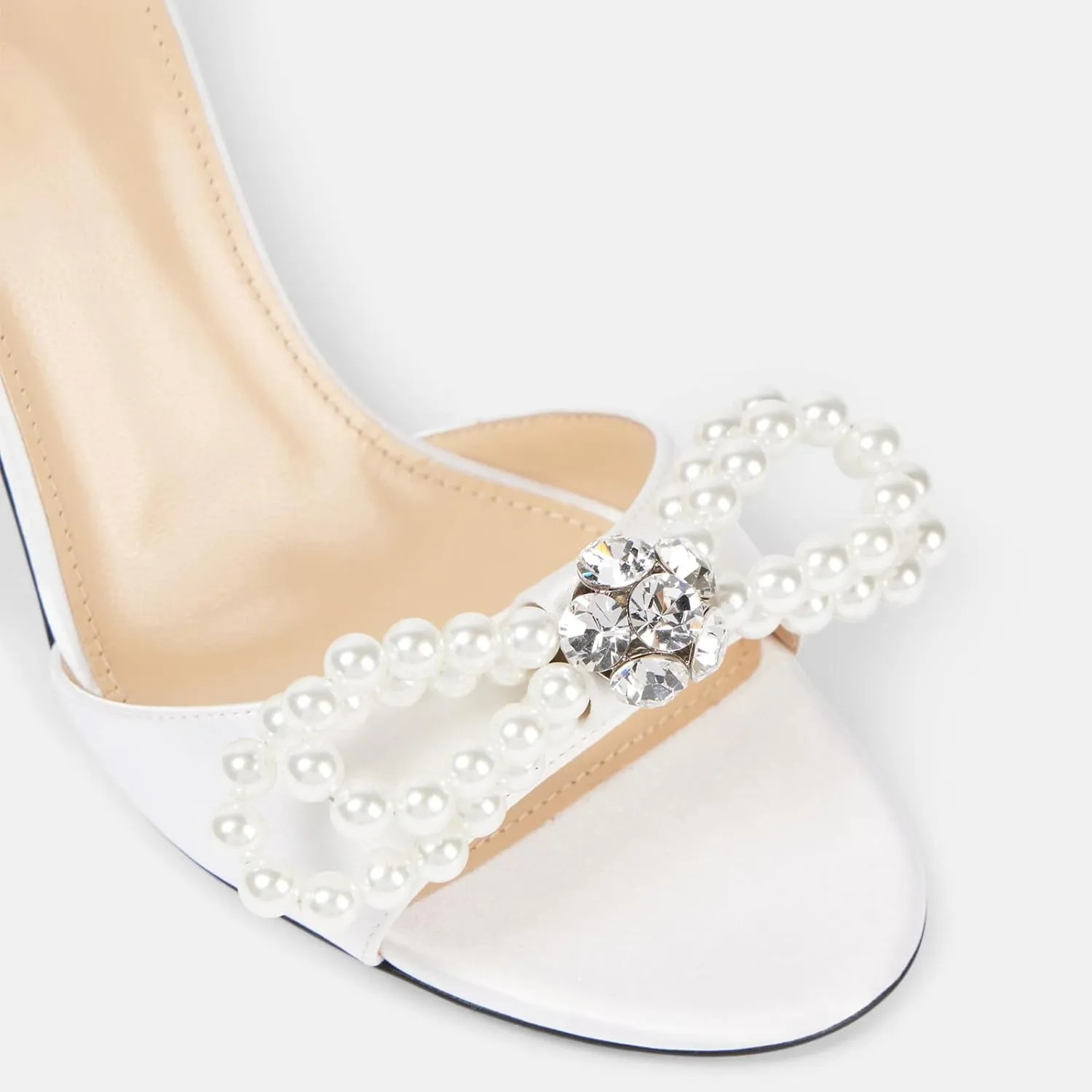 YIYA Women's Double Bowknots White Pearl Mules Stiletto Kitten High Heels Open Round Toe Satin Wedding Bridal Dress Sandals Slip On Shoes