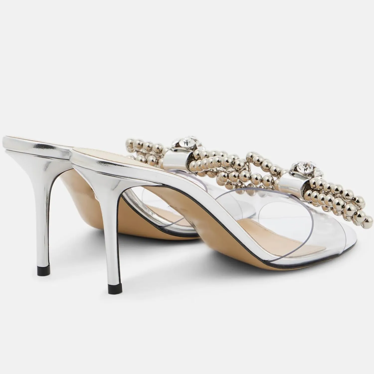 YIYA Women's Double Bowknots White Pearl Mules Stiletto Kitten High Heels Open Round Toe Satin Wedding Bridal Dress Sandals Slip On Shoes