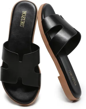 Yozuru Womens Flat Sandals Open Toe Dressy Summer Sandals Comfortable Casual Slip on Leather Slides Sandals for women