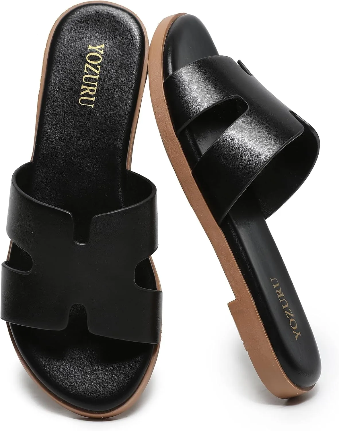 Yozuru Womens Flat Sandals Open Toe Dressy Summer Sandals Comfortable Casual Slip on Leather Slides Sandals for women