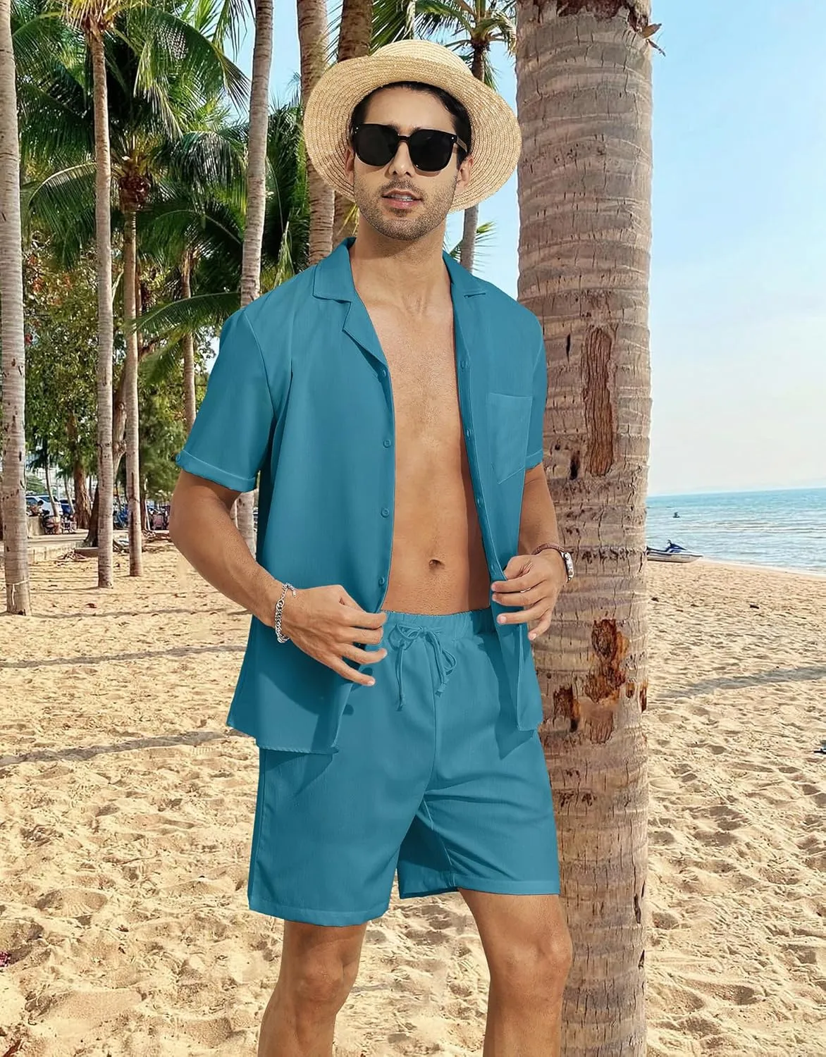 YTD Men's 2 Pieces Shirt Set Short Sleeve Button Down Casual Hippie Holiday Beach T-Shirts Shorts Outfits