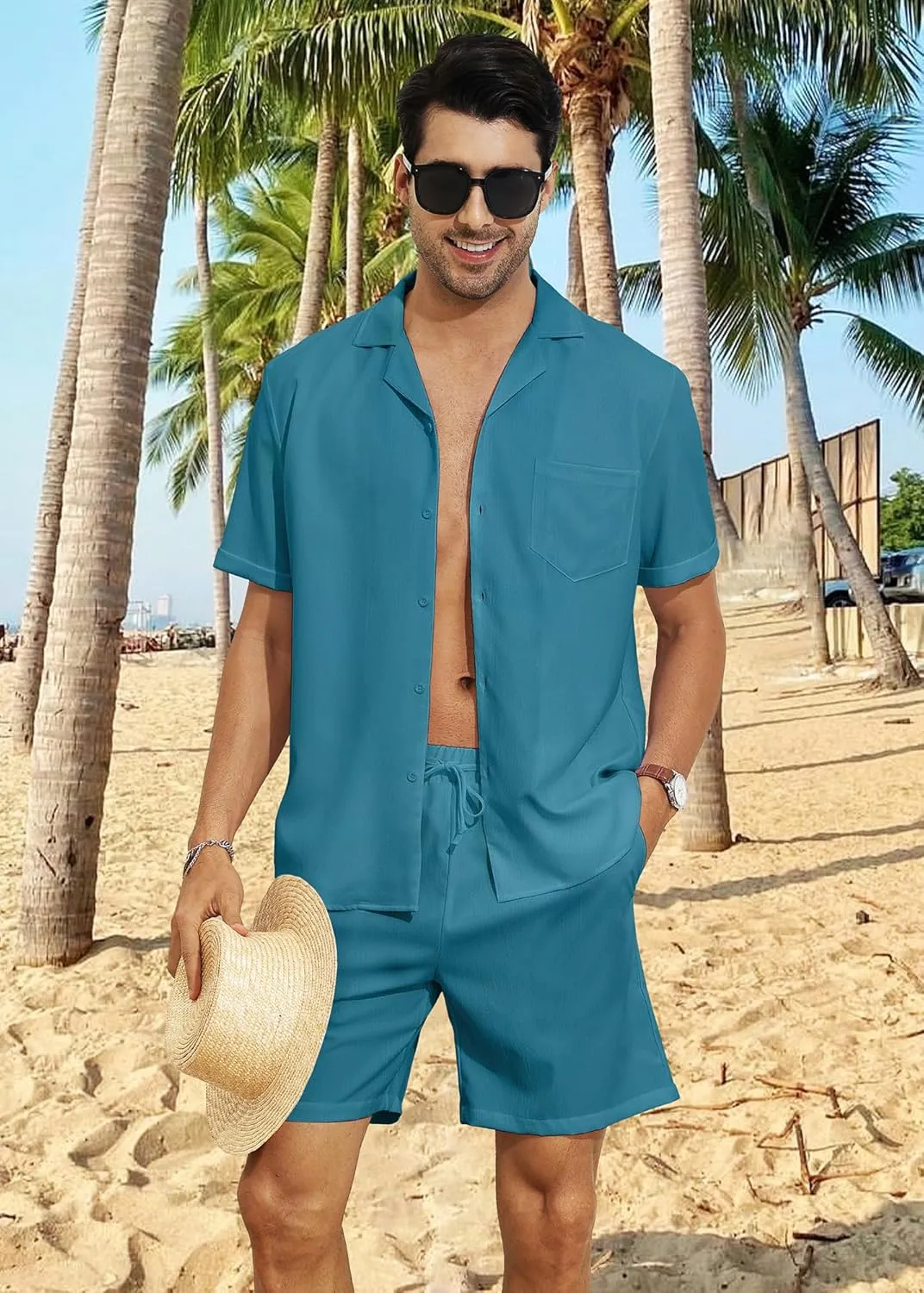 YTD Men's 2 Pieces Shirt Set Short Sleeve Button Down Casual Hippie Holiday Beach T-Shirts Shorts Outfits
