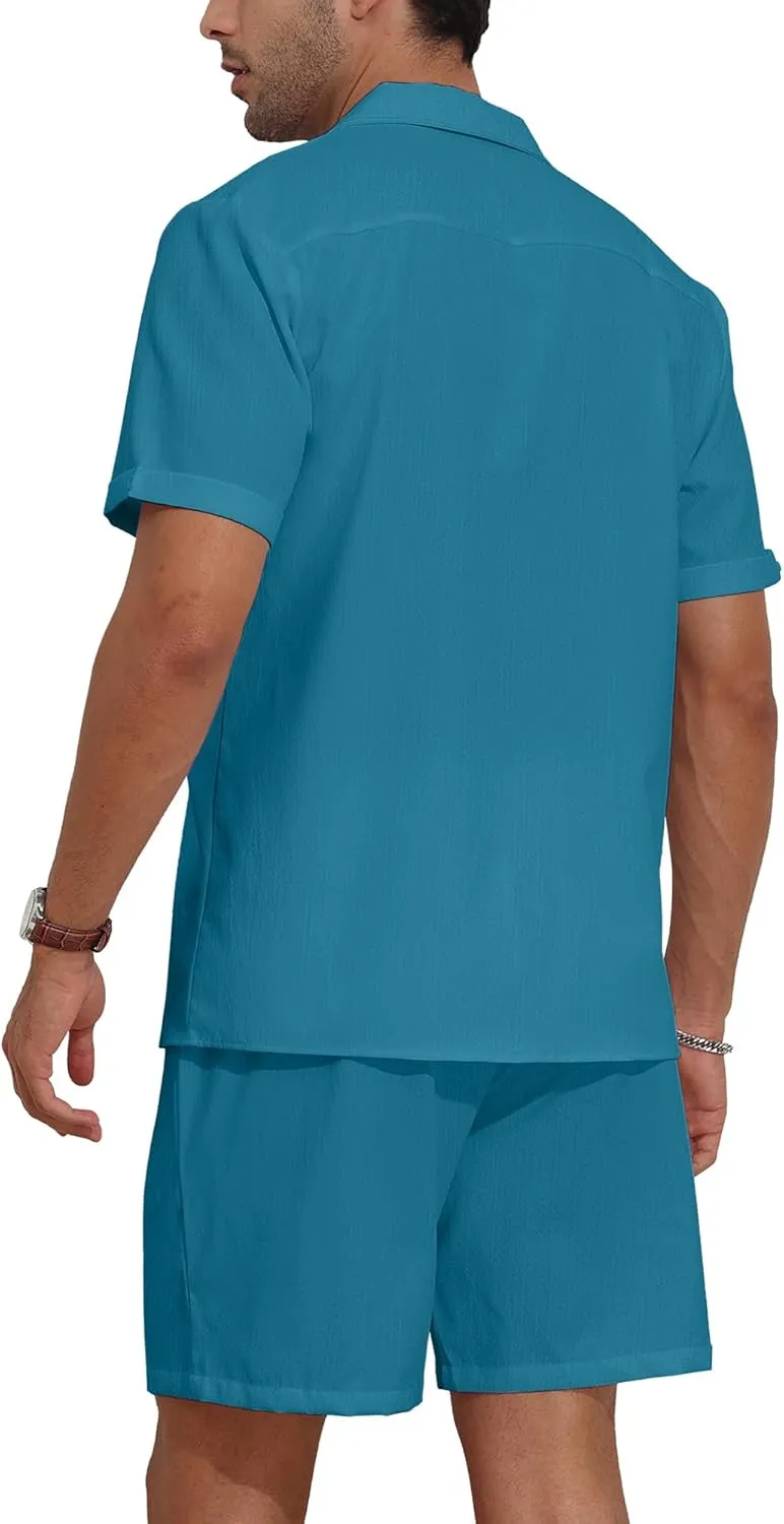 YTD Men's 2 Pieces Shirt Set Short Sleeve Button Down Casual Hippie Holiday Beach T-Shirts Shorts Outfits