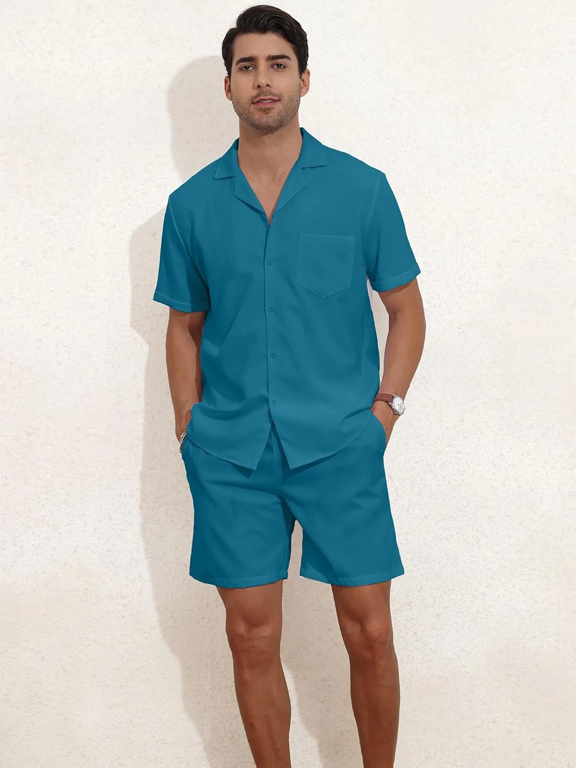 YTD Men's 2 Pieces Shirt Set Short Sleeve Button Down Casual Hippie Holiday Beach T-Shirts Shorts Outfits