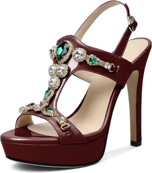 Zamikoo Heeled Sandals for women Platform Rhinestone High Heel Open Toe Stiletto Slingback Sandals Ankle Strap Dress Shoes for Wedding Party Event Evening