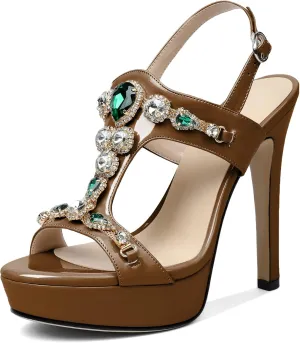 Zamikoo Heeled Sandals for women Platform Rhinestone High Heel Open Toe Stiletto Slingback Sandals Ankle Strap Dress Shoes for Wedding Party Event Evening