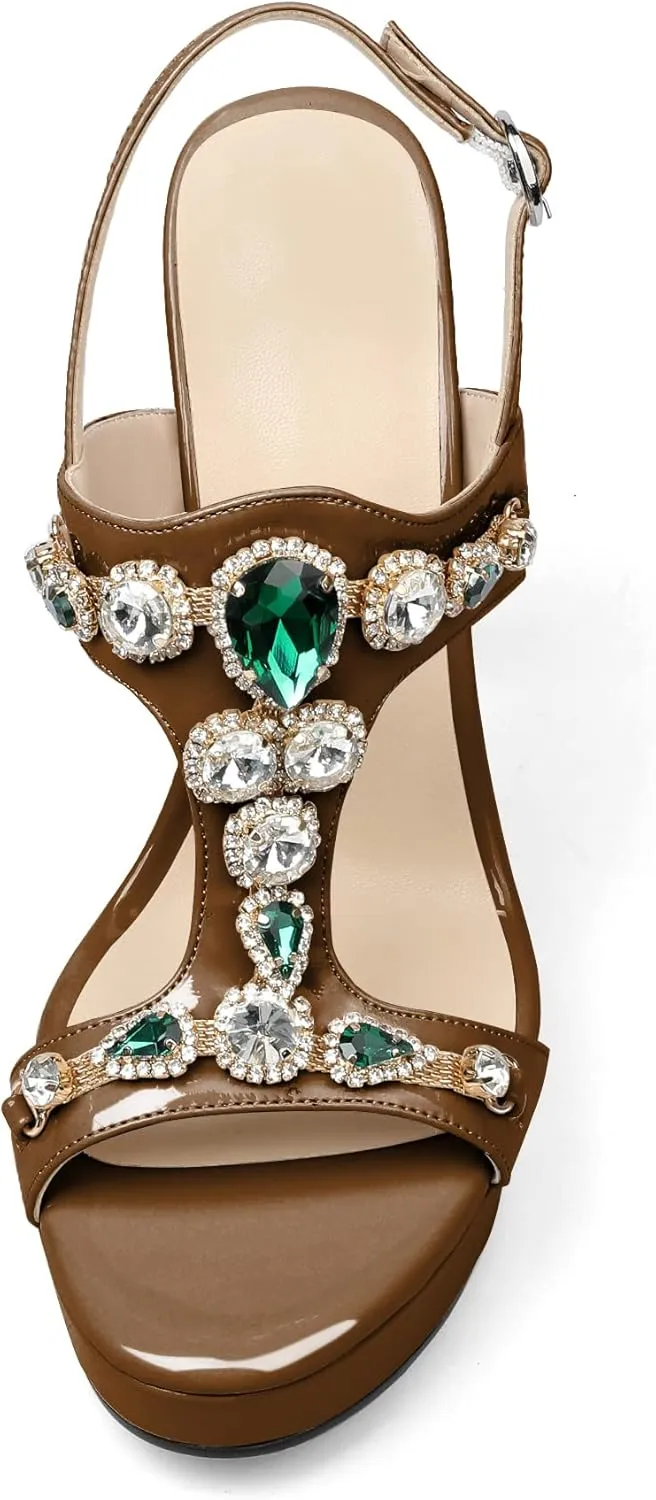 Zamikoo Heeled Sandals for women Platform Rhinestone High Heel Open Toe Stiletto Slingback Sandals Ankle Strap Dress Shoes for Wedding Party Event Evening