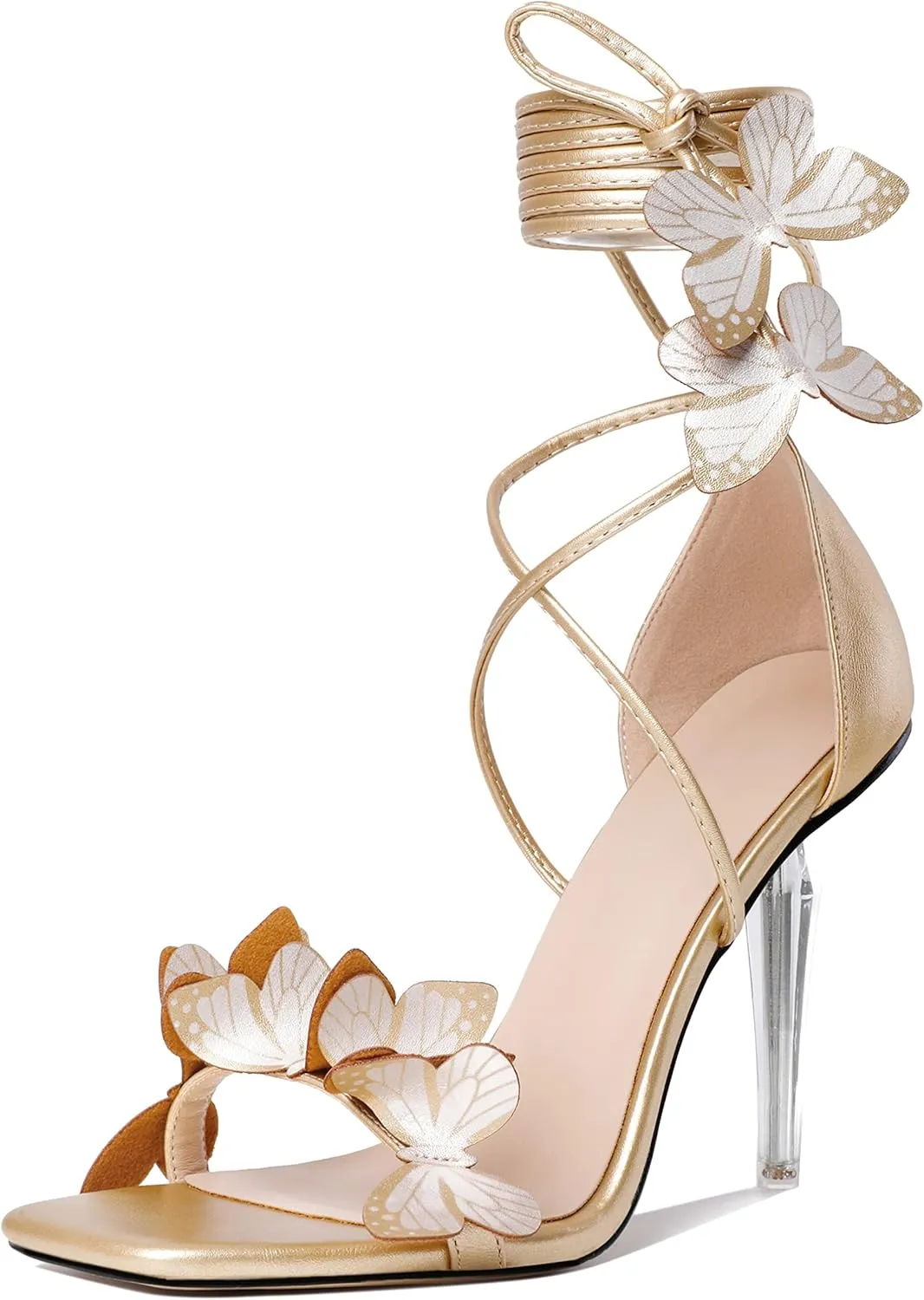Zamikoo High Heeled Sandals for Women, Ankle Strap Open Toe High Heel Butterfly Heels, Strappy Lace Up Square Toe Stiletto Clear Heels 4 Inches