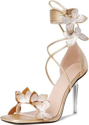 Zamikoo High Heeled Sandals for Women, Ankle Strap Open Toe High Heel Butterfly Heels, Strappy Lace Up Square Toe Stiletto Clear Heels 4 Inches