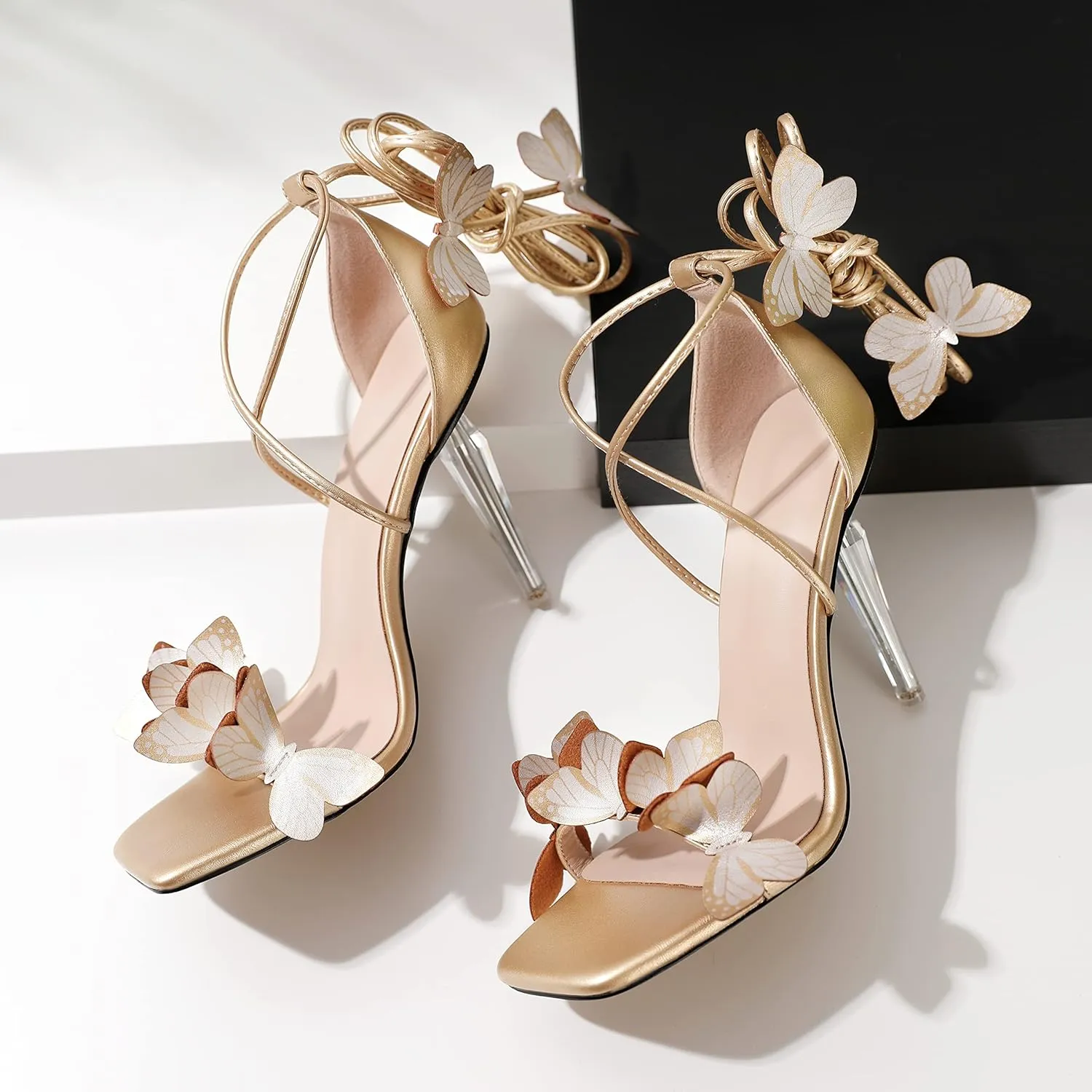 Zamikoo High Heeled Sandals for Women, Ankle Strap Open Toe High Heel Butterfly Heels, Strappy Lace Up Square Toe Stiletto Clear Heels 4 Inches