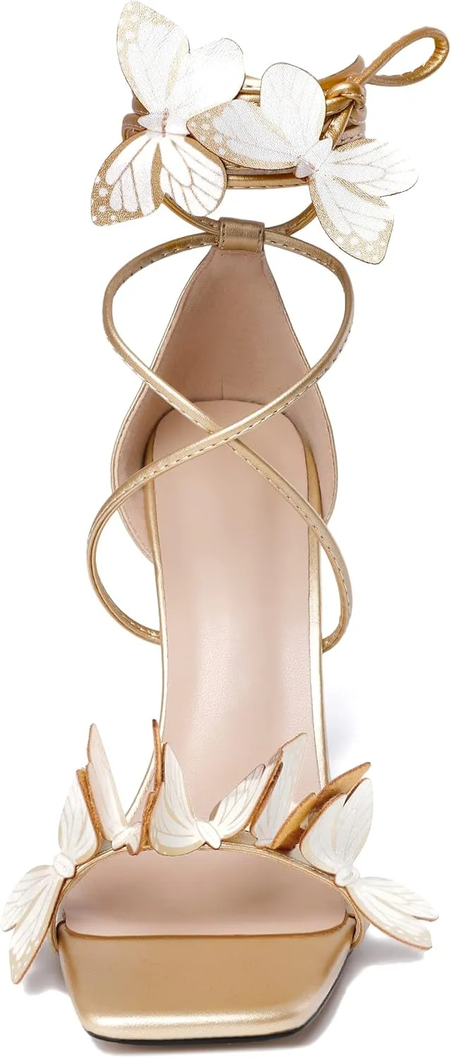 Zamikoo High Heeled Sandals for Women, Ankle Strap Open Toe High Heel Butterfly Heels, Strappy Lace Up Square Toe Stiletto Clear Heels 4 Inches
