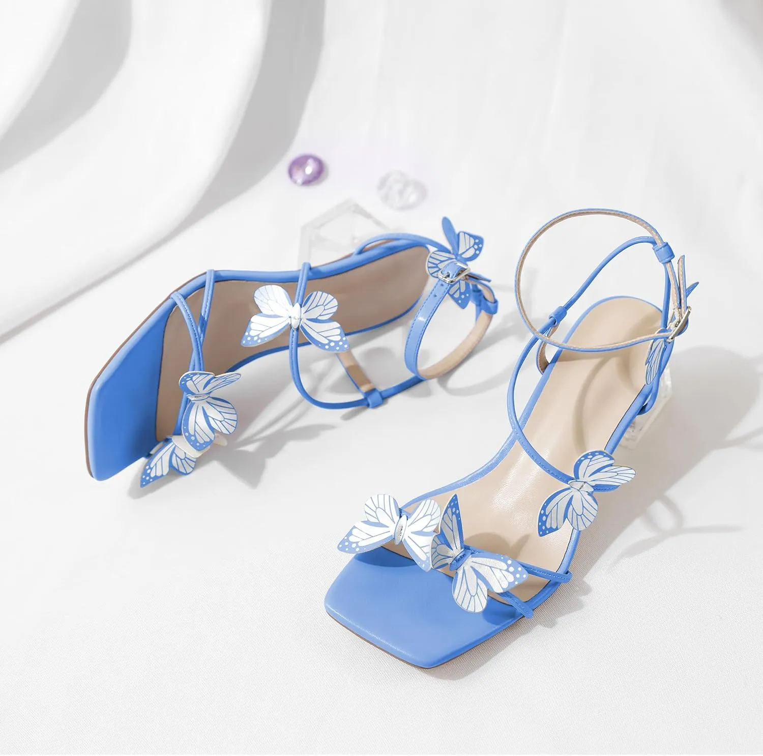 Zamikoo Women's Heeled Sandals Square Open Toe Ankle Strap Block Heels Strappy Clear Heels Chunky Low Heels