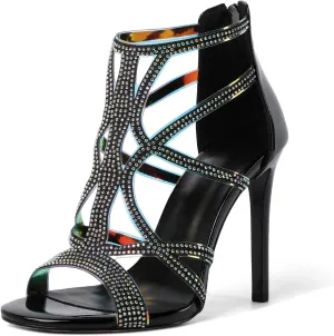 Zamikoo Women's High Heel Sandals, Open Toe Woman Sandals Rhinestone, Cutout Strappy Gladiator Heels, Sparkly Stiletto Heels Pumps Shoes for Dress Party Evening 4 Inch