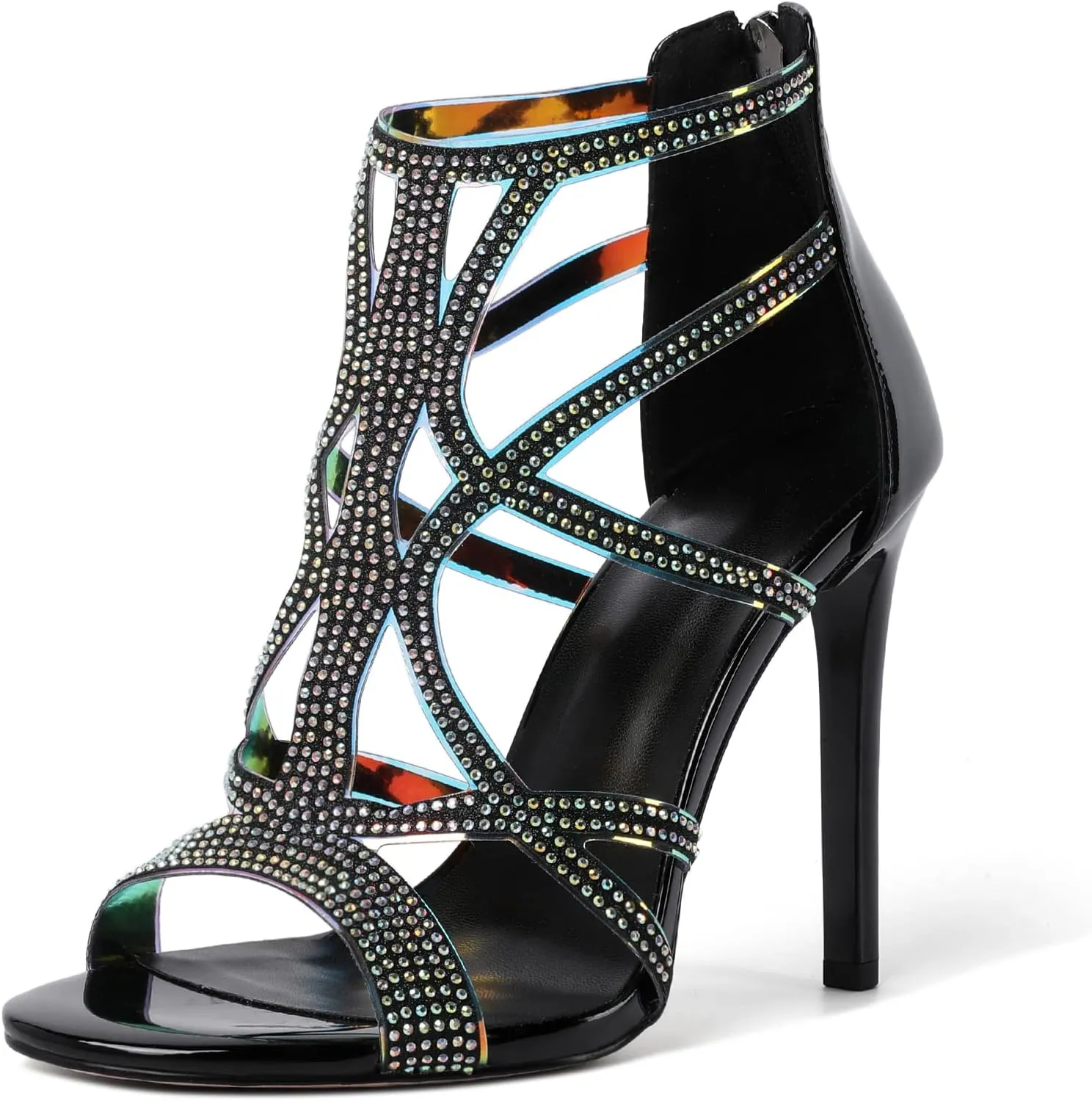 Zamikoo Women's High Heel Sandals, Open Toe Woman Sandals Rhinestone, Cutout Strappy Gladiator Heels, Sparkly Stiletto Heels Pumps Shoes for Dress Party Evening 4 Inch